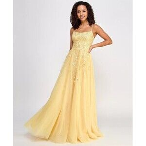 Say Yes Juniors' Embellished Lace-Up Mesh Gown, Lemon, Size 0